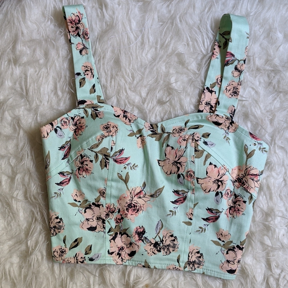 Teal and blush floral print bustier crop top - Picture 4 of 5